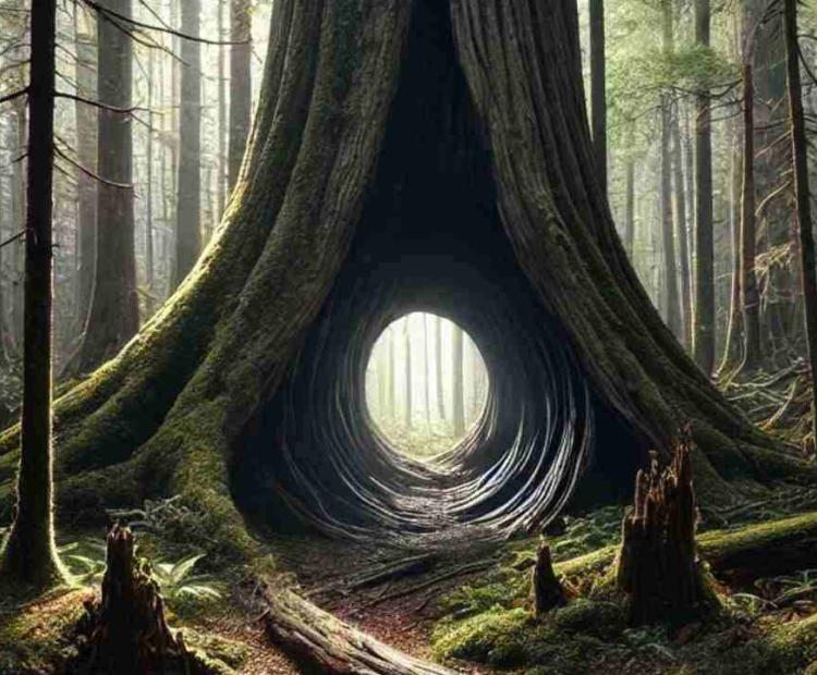 A hollowed-out tree discovered deep in the forest, its mysterious holes beckoning explorers.